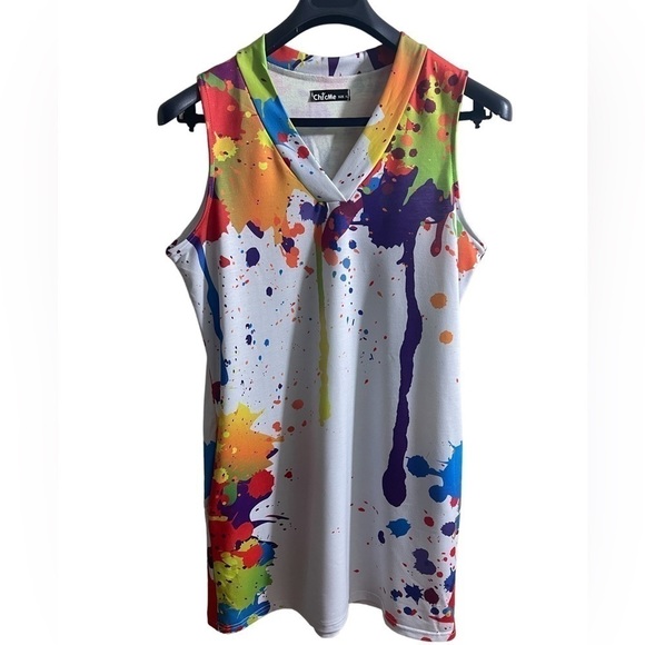 Chicme Cotton Blend V Neck Dress Colorful Paint Splatter XL - Picture 5 of 10
